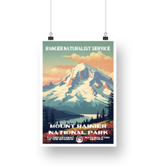 Mount Rainier National Park Poster – Snowy Mountain & Peach Clouds – Ranger Header