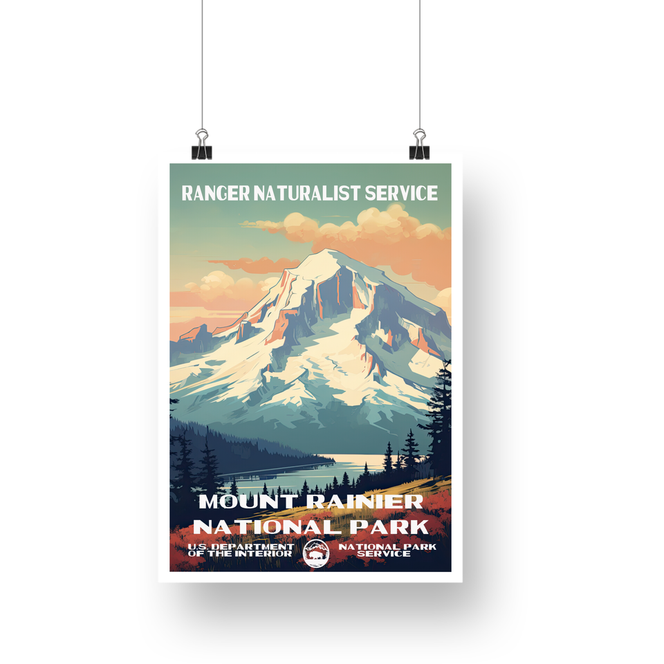 Mount Rainier National Park Poster – Snowy Mountain & Peach Clouds – Ranger Header