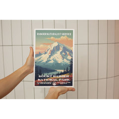 Mount Rainier National Park Poster – Snowy Mountain & Peach Clouds – Ranger Header