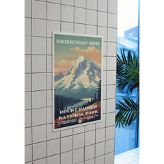 Mount Rainier National Park Poster – Snowy Mountain & Peach Clouds – Ranger Header