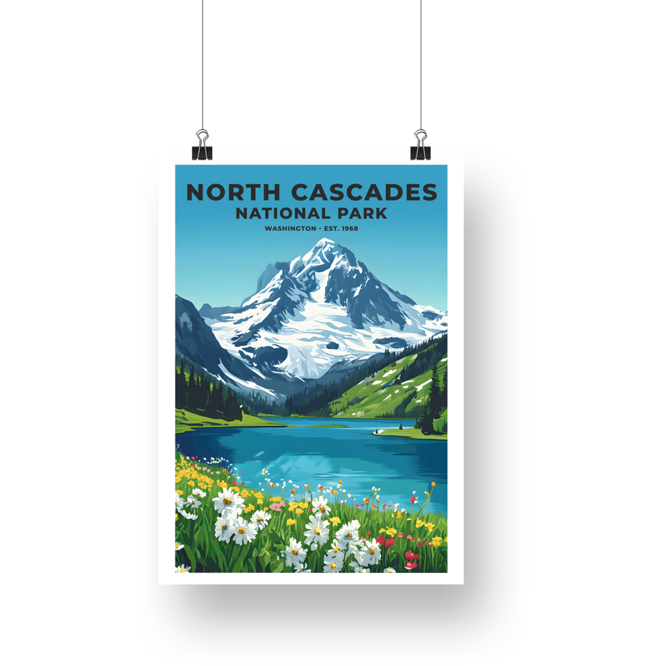 North Cascades National Park Poster – White Wildflowers & Alpine Lake