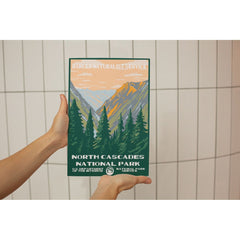 North Cascades National Park Poster – Orange Sky & Evergreen Valley – Ranger Header