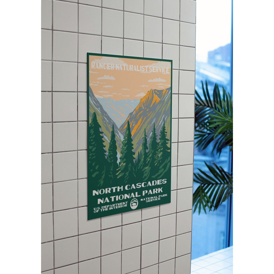 North Cascades National Park Poster – Orange Sky & Evergreen Valley – Ranger Header