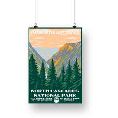 North Cascades National Park Poster – Orange Sky & Evergreen Valley – Ranger Header