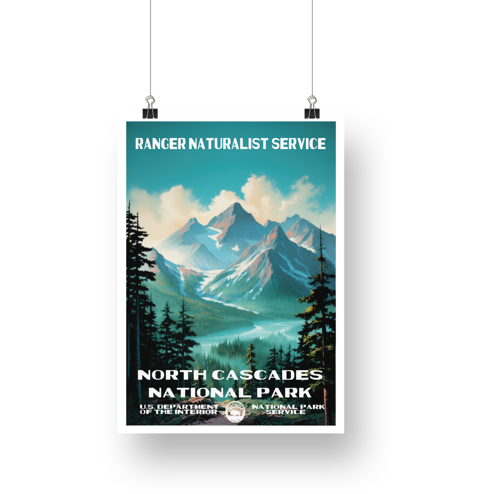 North Cascades National Park Poster – Turquoise Lake & Mountain Skyline – Ranger Header