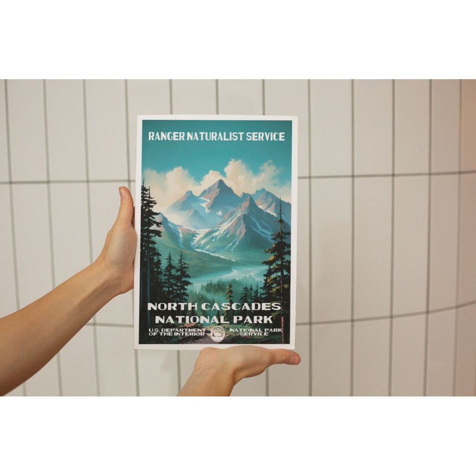 North Cascades National Park Poster – Turquoise Lake & Mountain Skyline – Ranger Header