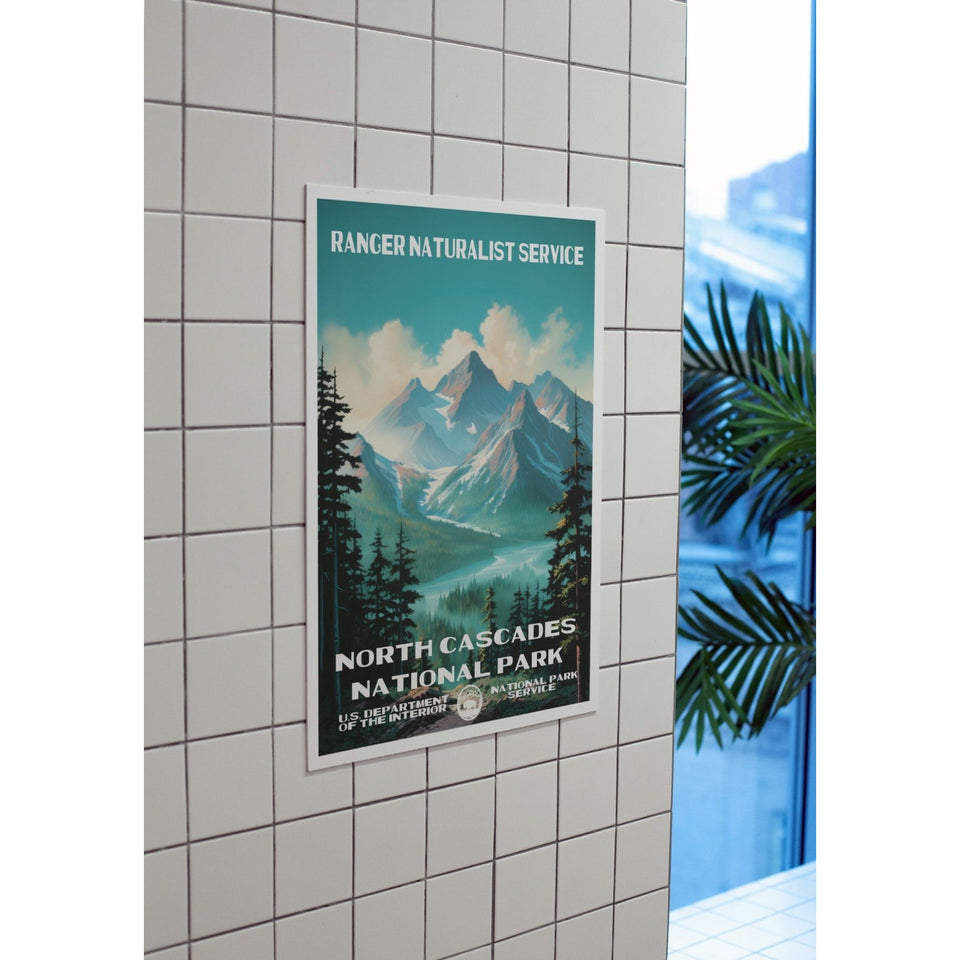 North Cascades National Park Poster – Turquoise Lake & Mountain Skyline – Ranger Header