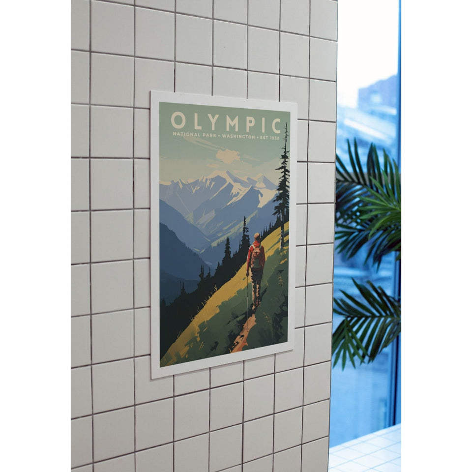 Olympic National Park Poster – Hiker & Blue Mountain Ridge