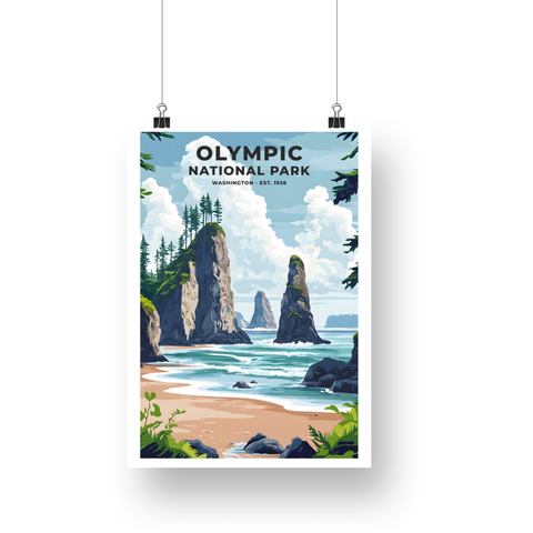 Olympic National Park Poster – Coastal Towers & Sandy Beach