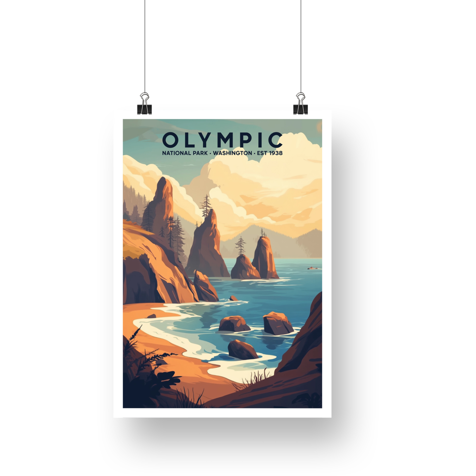 Olympic National Park Poster – Coastal Sea Stacks & Breaking Waves