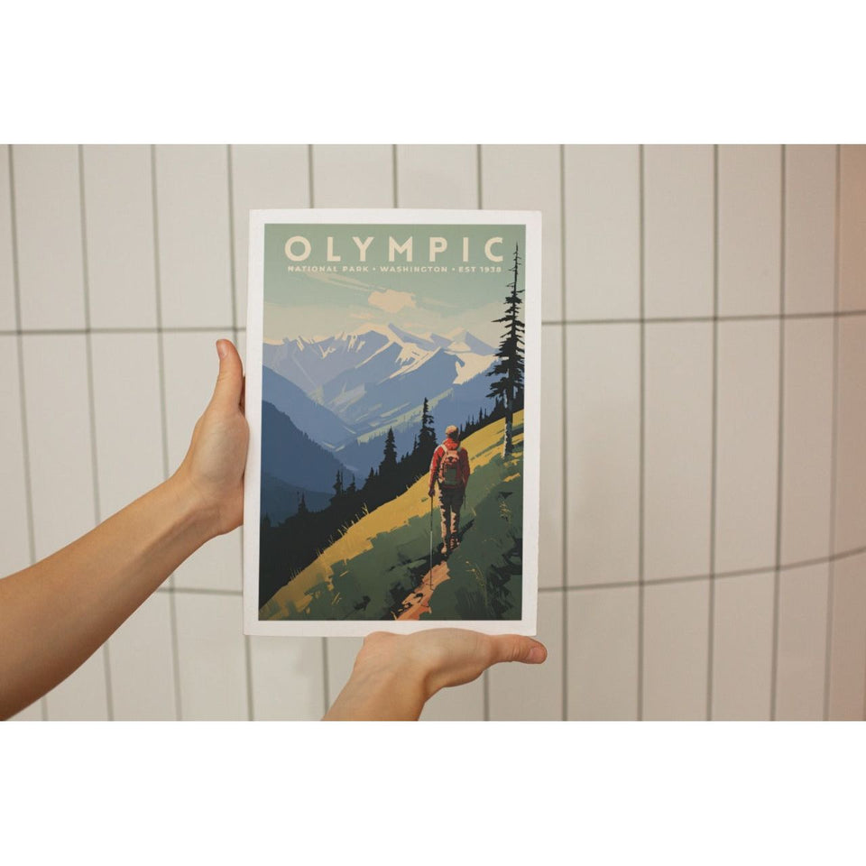 Olympic National Park Poster – Hiker & Blue Mountain Ridge