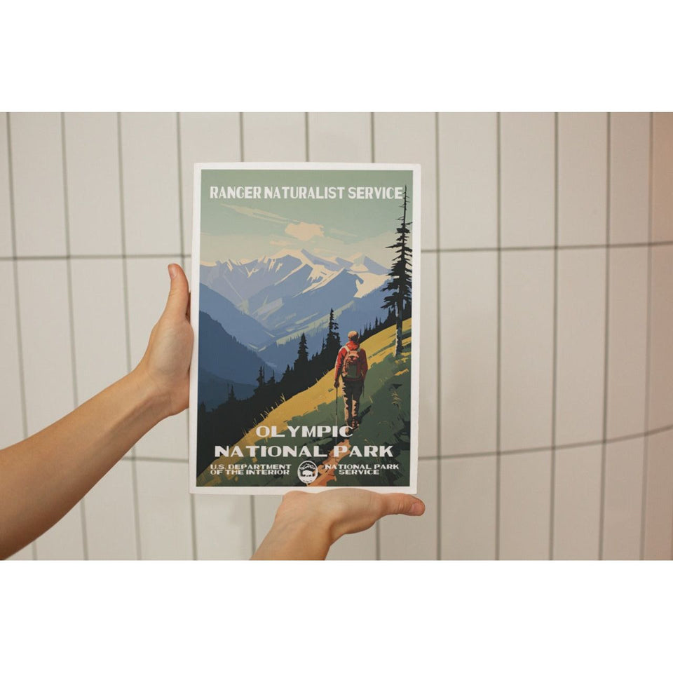 Olympic National Park Poster – Hiker & Blue Mountain Ridge – Ranger Header