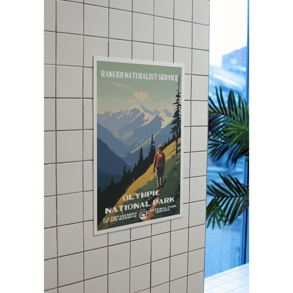 Olympic National Park Poster – Hiker & Blue Mountain Ridge – Ranger Header