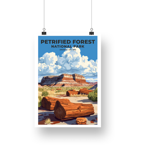 Petrified Forest National Park Poster – Petrified Logs & Cloudy Badlands