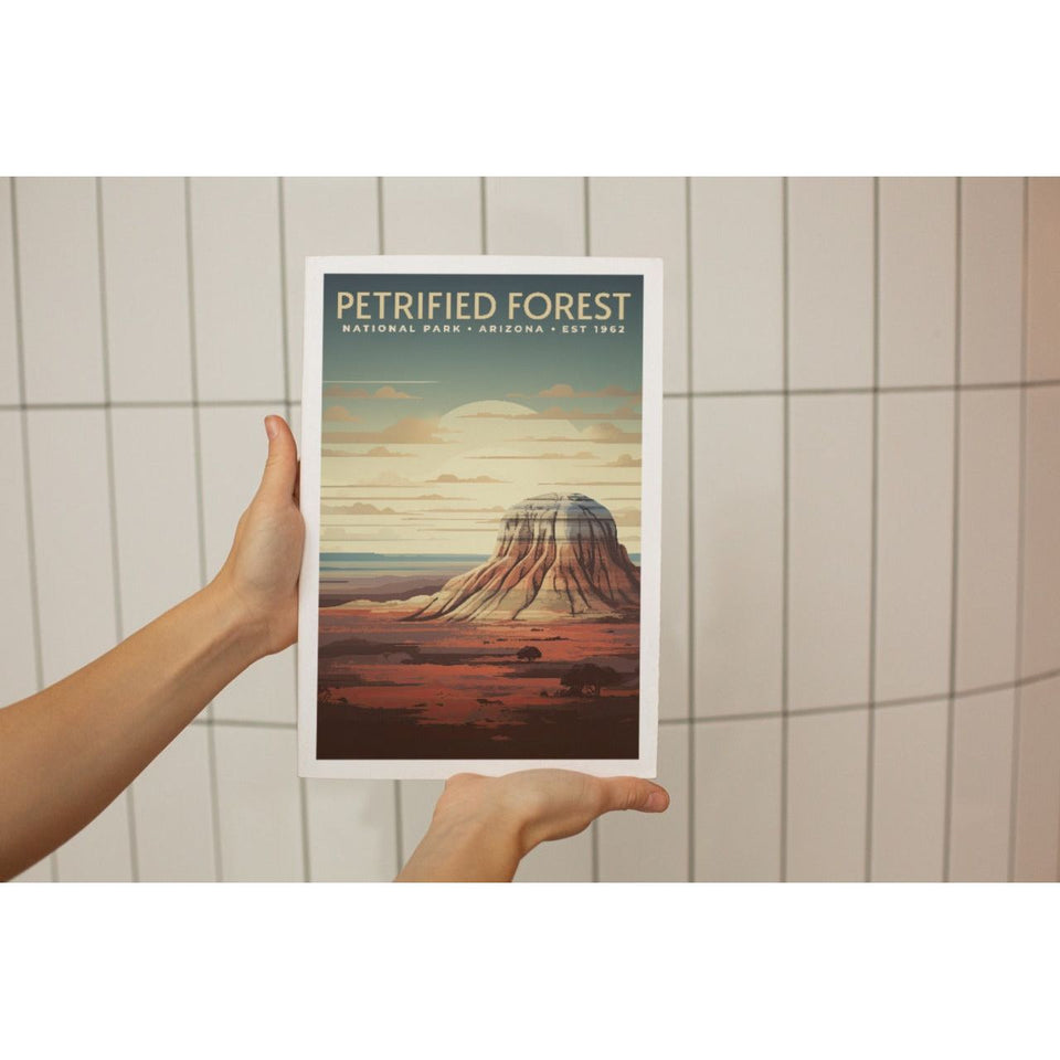 Petrified Forest National Park Poster – Striped Mesa & Pale Sunset