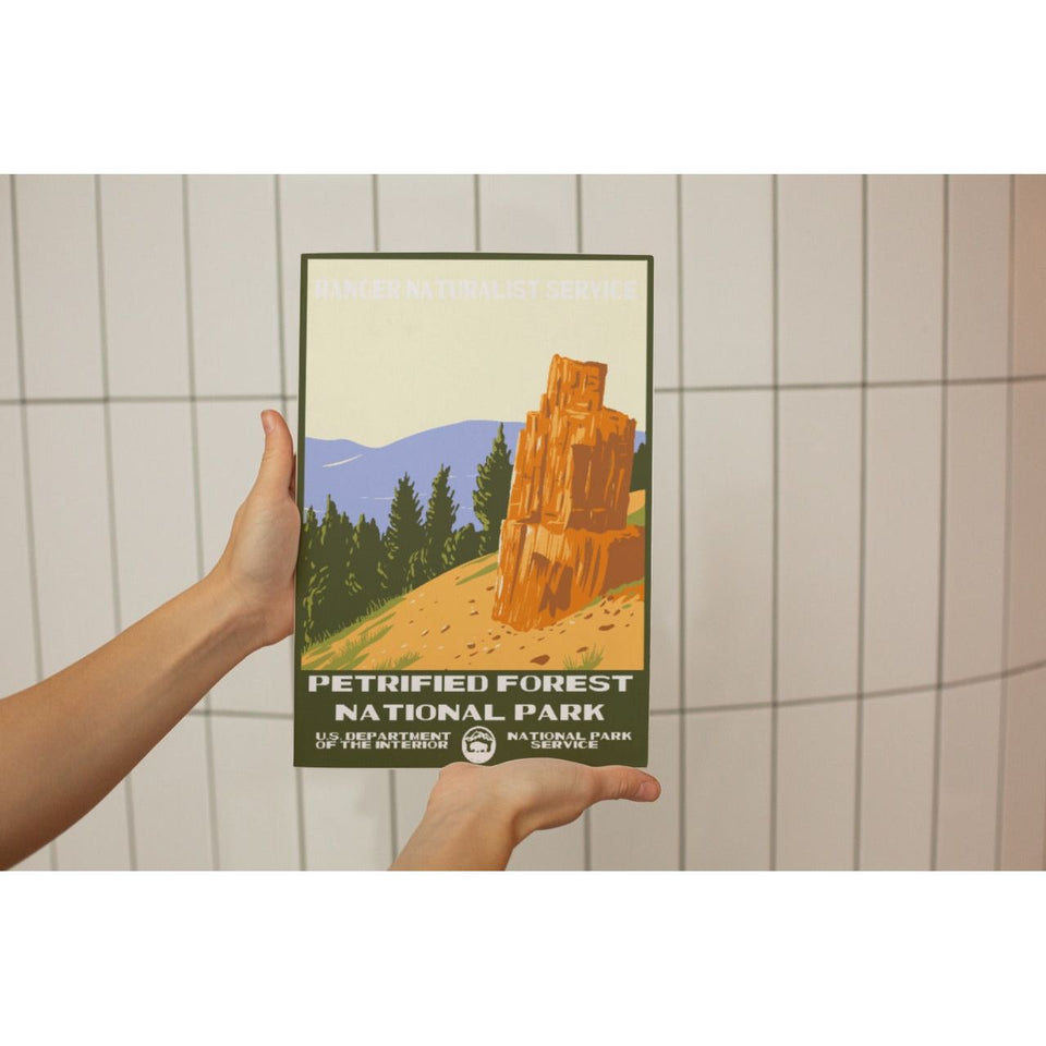 Petrified Forest National Park Poster – Petrified Stump & Pine Skyline – Ranger Header