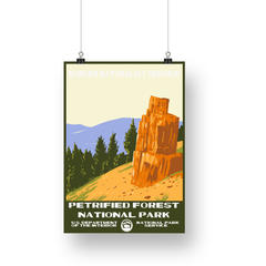 Petrified Forest National Park Poster – Petrified Stump & Pine Skyline – Ranger Header