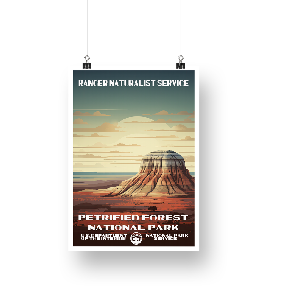 Petrified Forest National Park Poster – Striped Mesa & Pale Sunset – Ranger Header