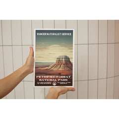 Petrified Forest National Park Poster – Striped Mesa & Pale Sunset – Ranger Header
