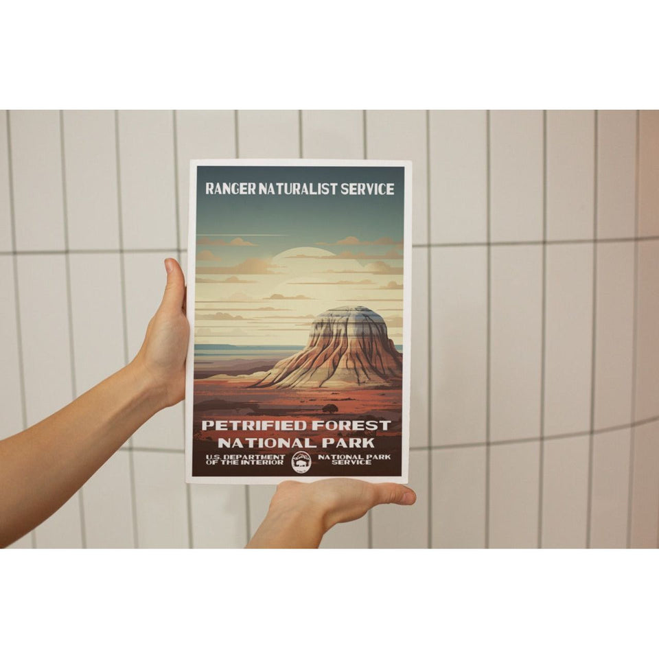 Petrified Forest National Park Poster – Striped Mesa & Pale Sunset – Ranger Header