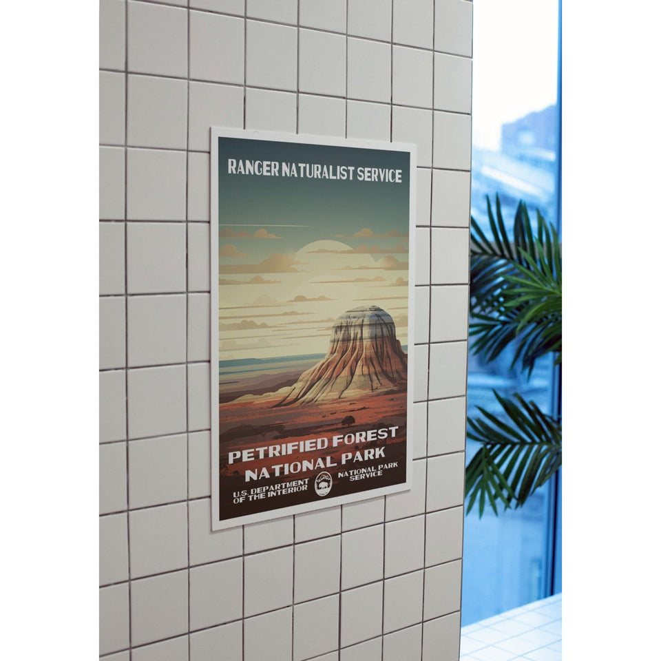 Petrified Forest National Park Poster – Striped Mesa & Pale Sunset – Ranger Header