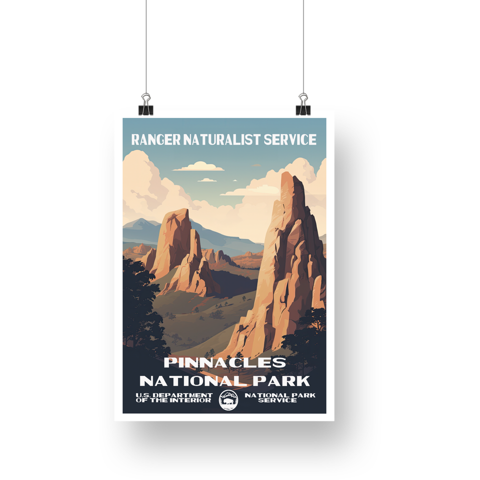 Pinnacles National Park Poster – Tall Rock Spires & Desert Valley – Ranger Header