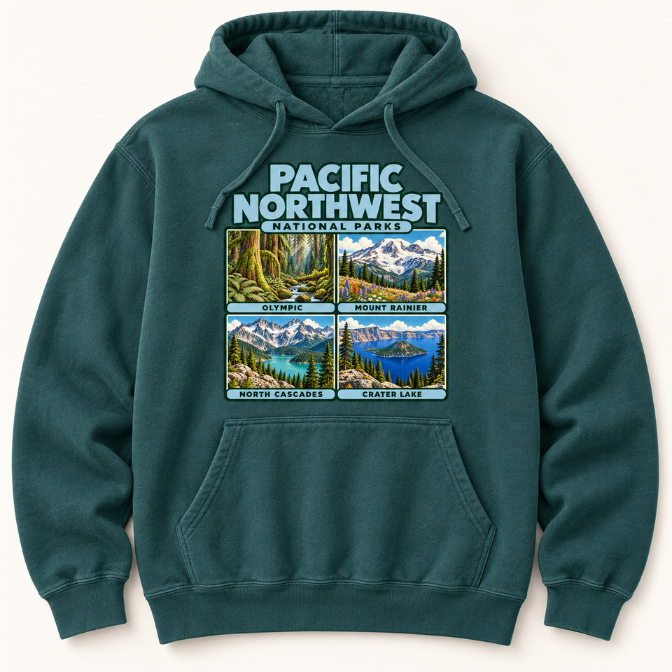 Pacific Northwest National Parks Hoodie — Garment-Dyed in Blue Spruce