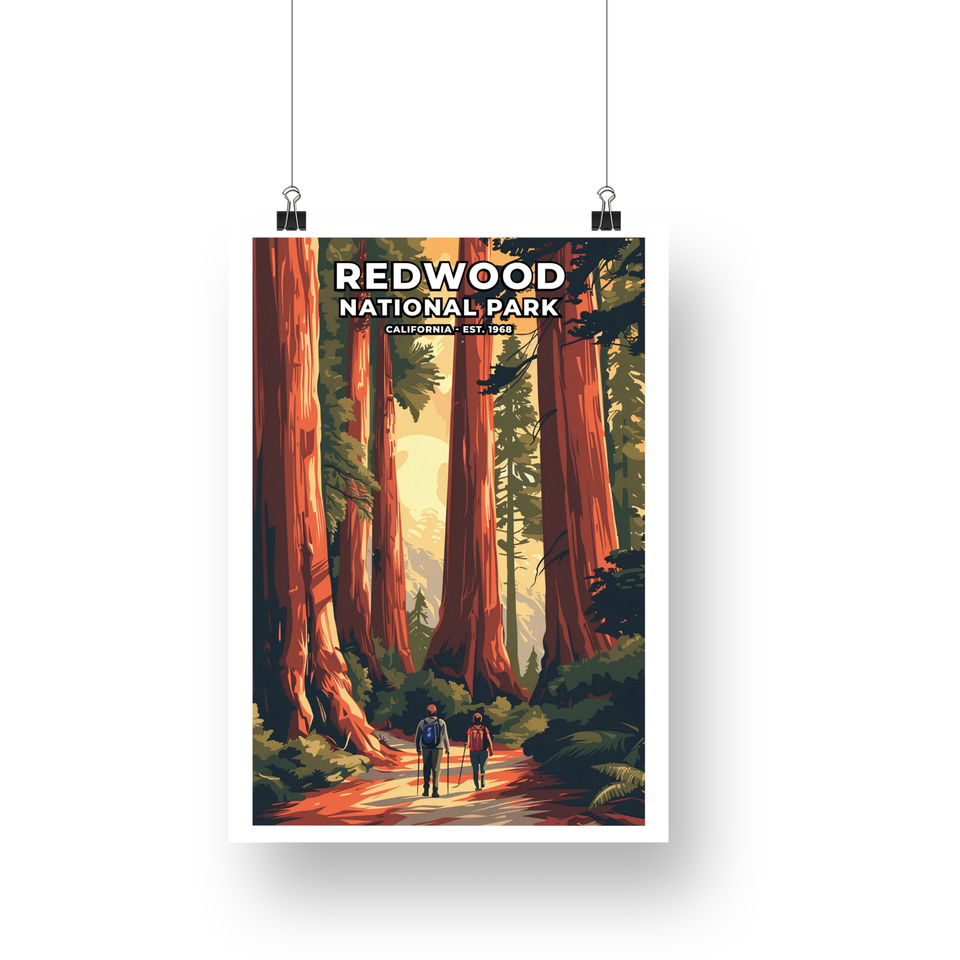 Redwood National Park Poster – Forest Walkers & Giant Redwoods