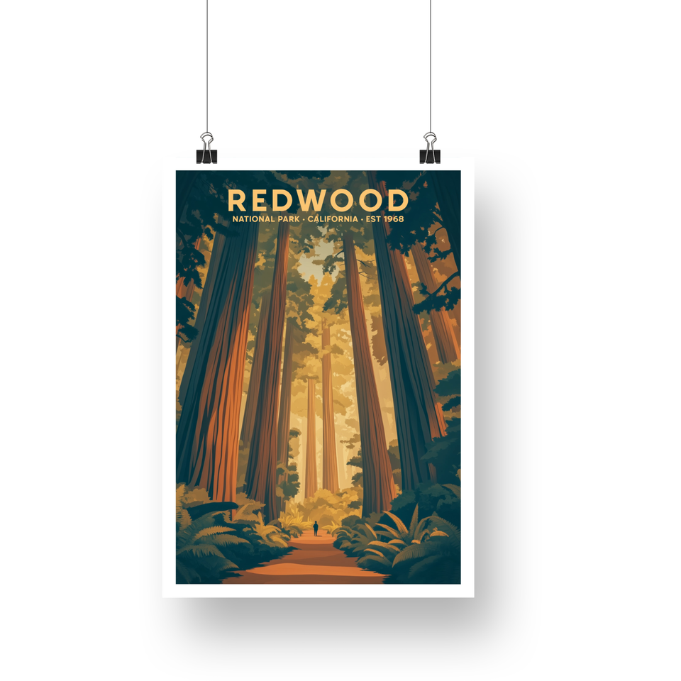 Redwood National Park Poster – Sunlit Redwood Forest Path