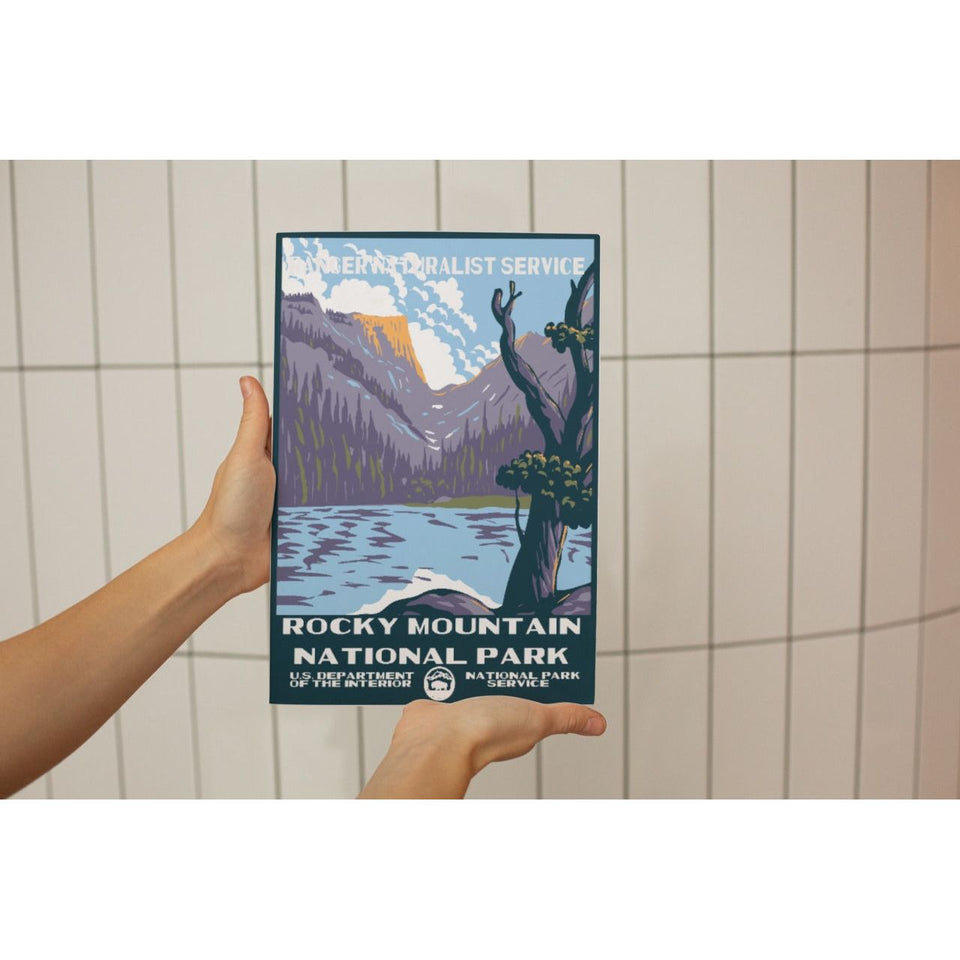 Rocky Mountain National Park Poster – Mountain Lake & Cliff Overlook – Ranger Header