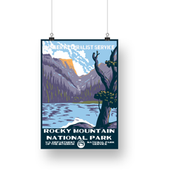 Rocky Mountain National Park Poster – Mountain Lake & Cliff Overlook – Ranger Header