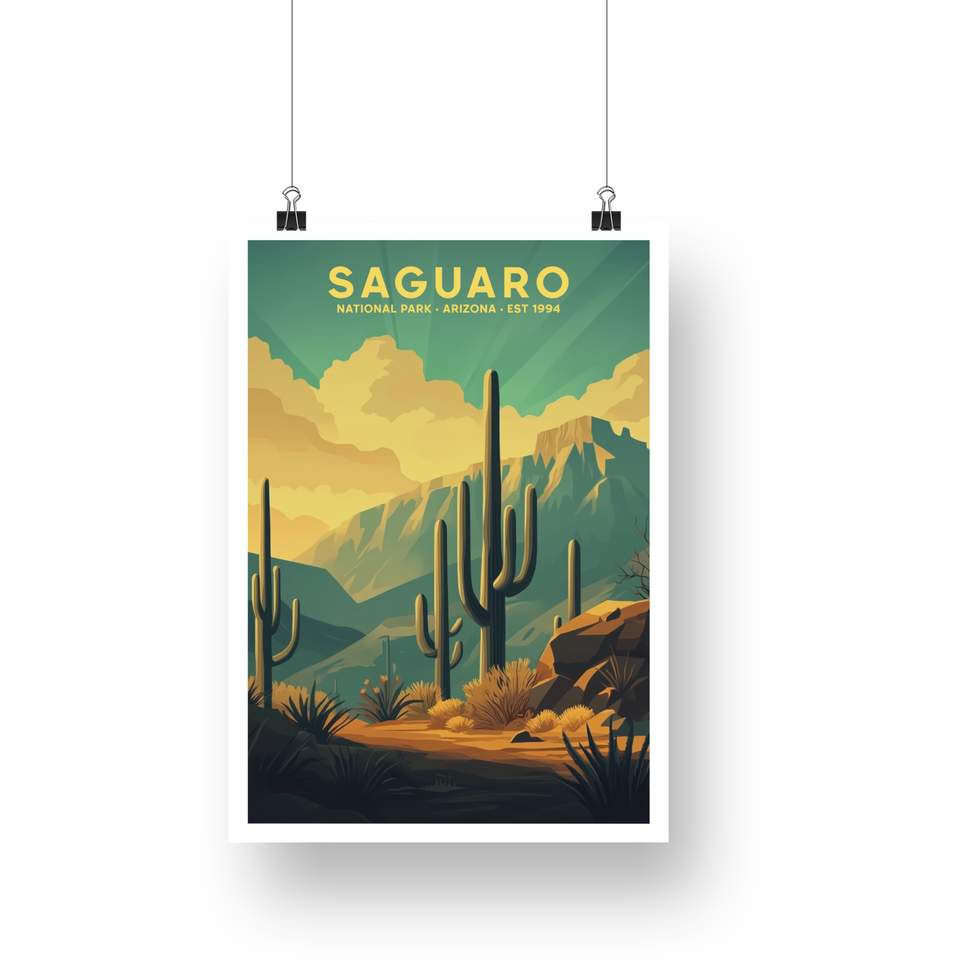 Saguaro National Park Poster – Tall Cactus & Mountain Valley