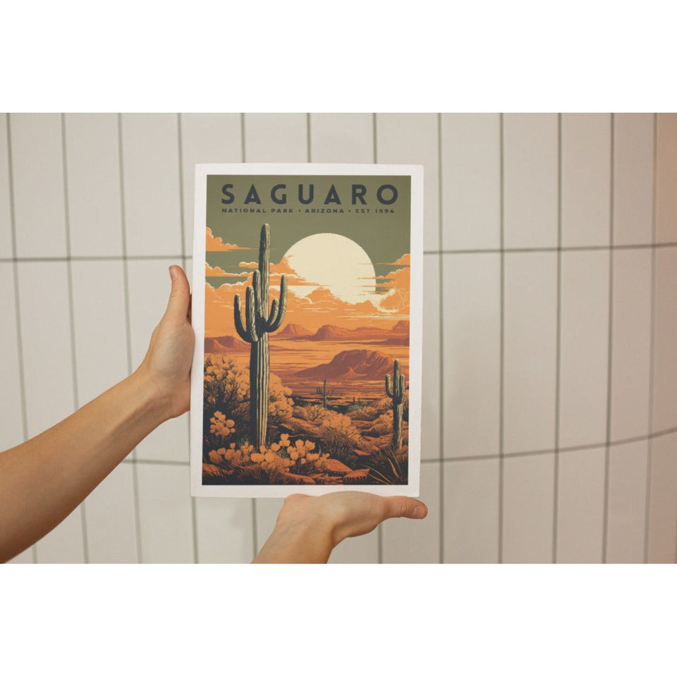 Saguaro National Park Poster – Tall Cactus & Golden Moon