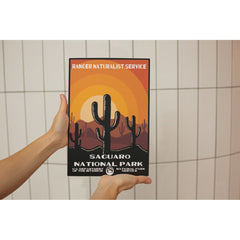 Saguaro National Park Poster – Cactus Silhouettes & Orange Sun – Ranger Header