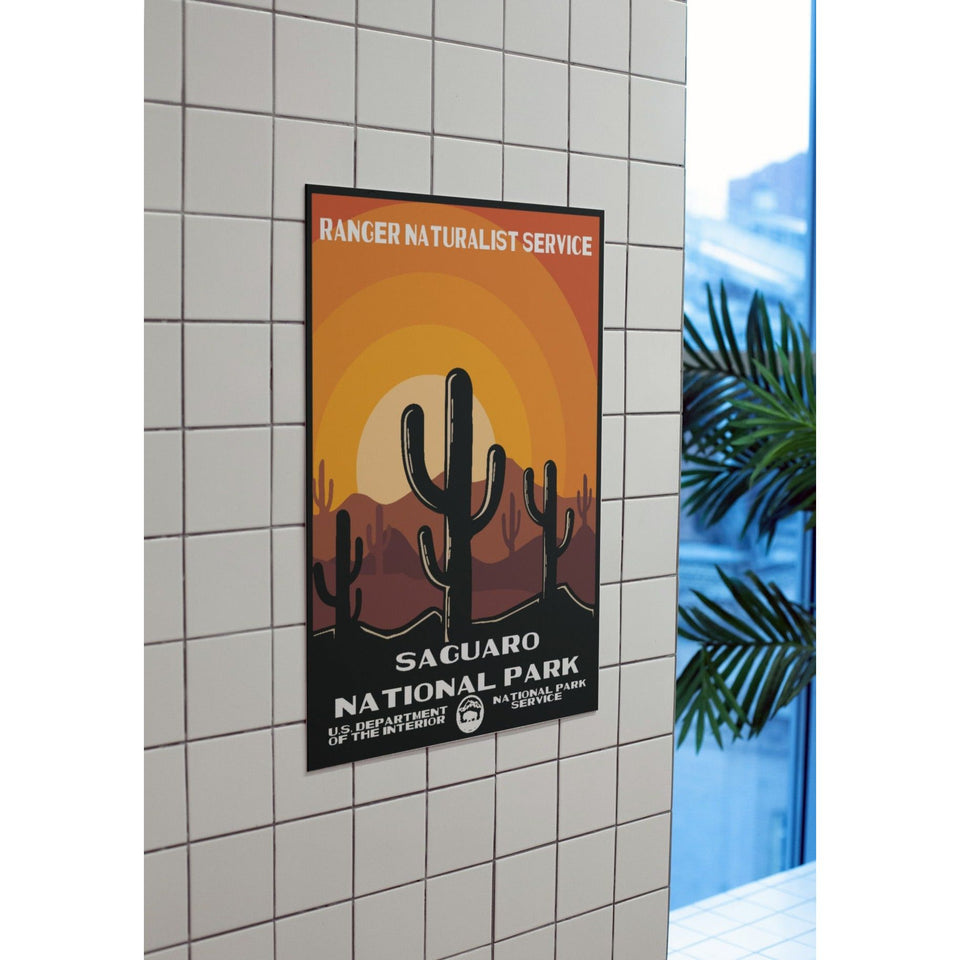 Saguaro National Park Poster – Cactus Silhouettes & Orange Sun – Ranger Header