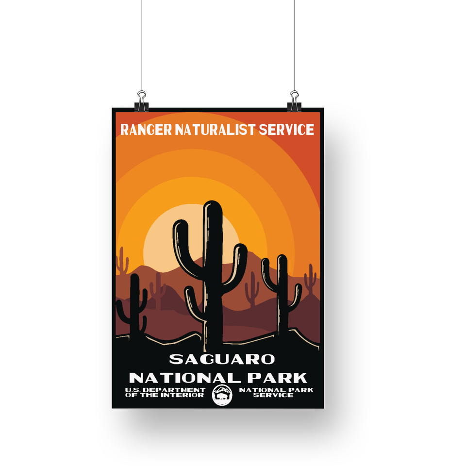 Saguaro National Park Poster – Cactus Silhouettes & Orange Sun – Ranger Header