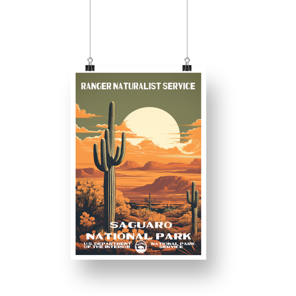 Saguaro National Park Poster – Tall Cactus & Golden Moon – Ranger Header
