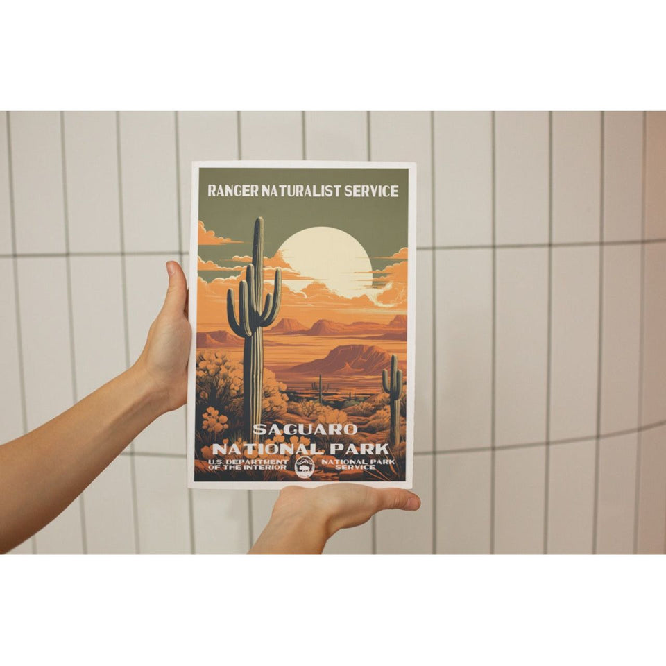 Saguaro National Park Poster – Tall Cactus & Golden Moon – Ranger Header