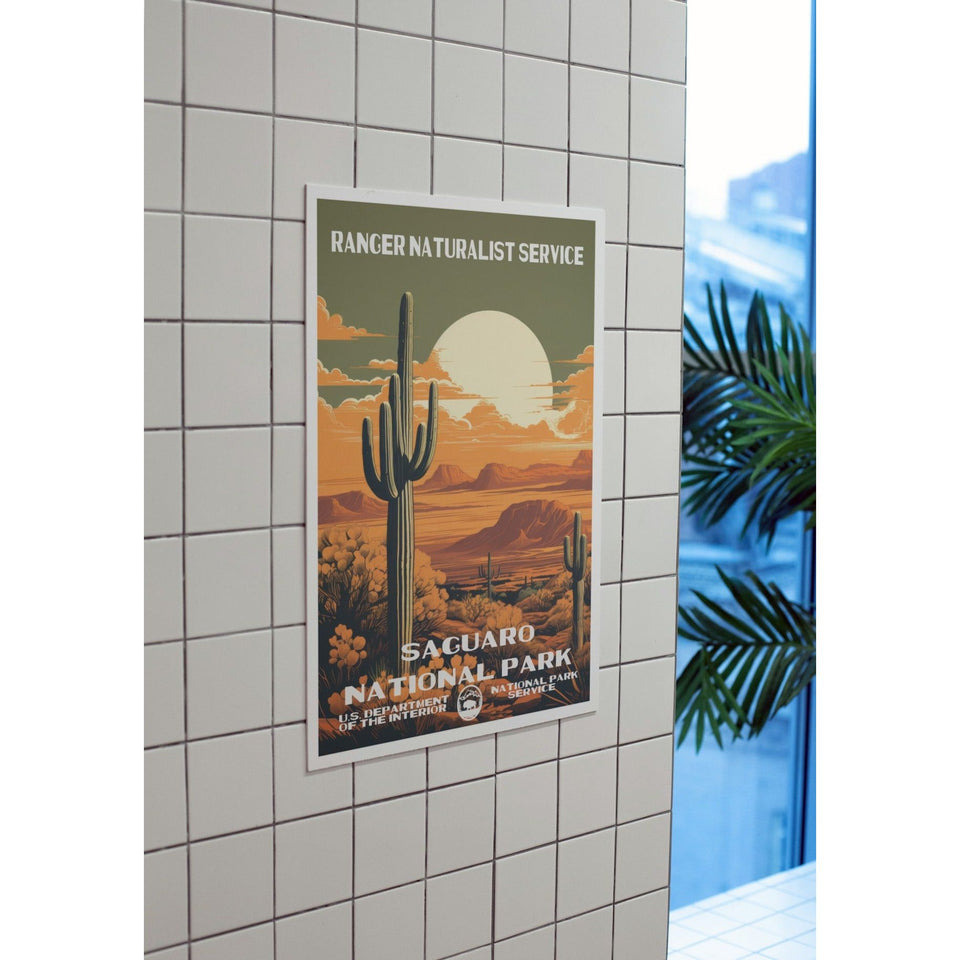 Saguaro National Park Poster – Tall Cactus & Golden Moon – Ranger Header
