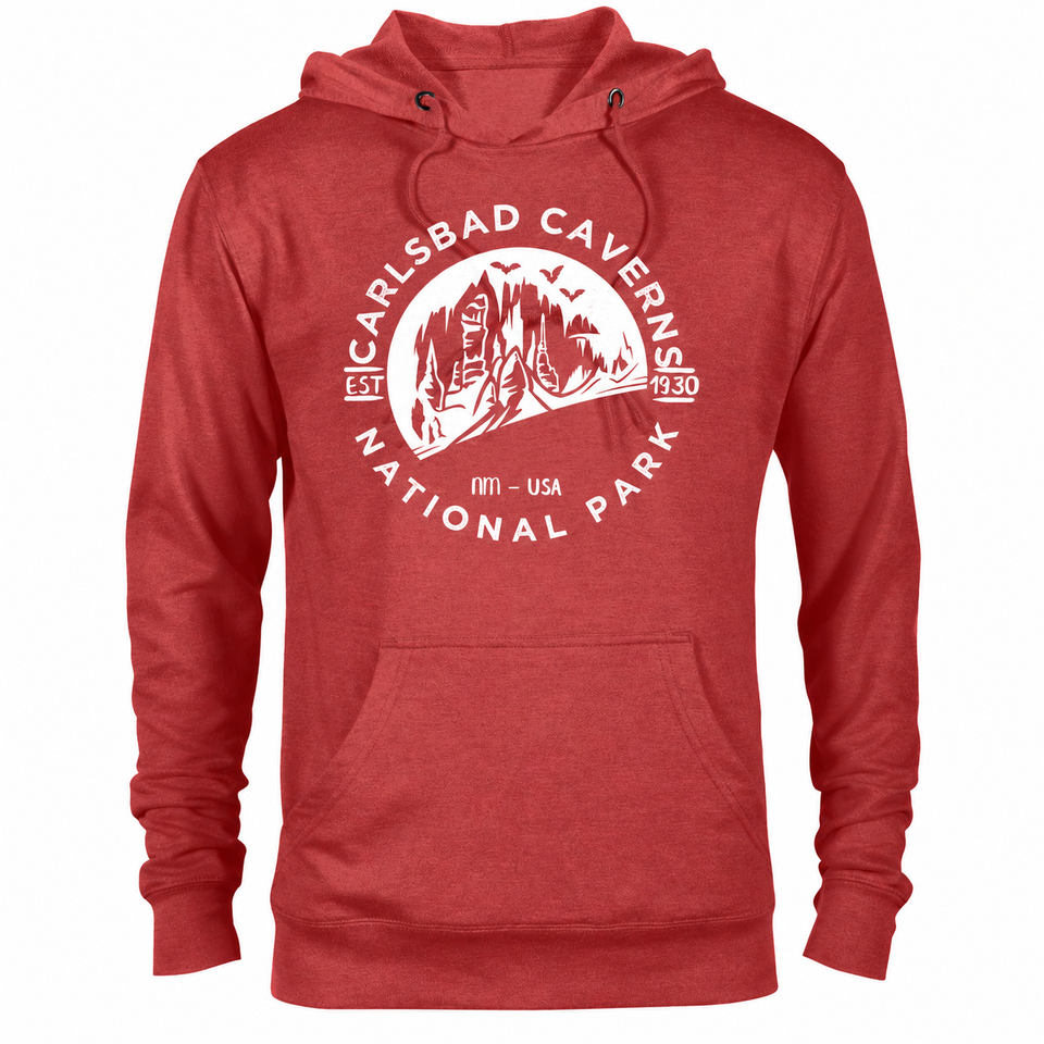 Carlsbad Caverns hoodie — Red Heather — concept mockup