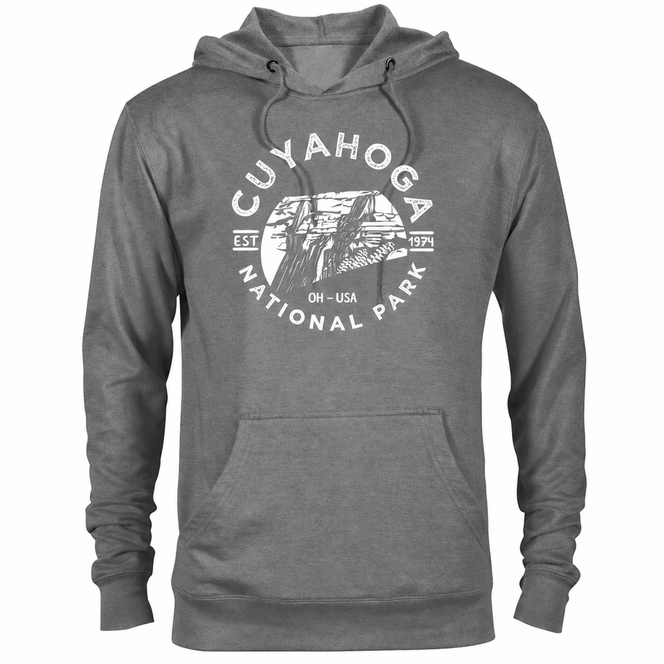 Cuyahoga Valley hoodie — Graphite Heather — concept mockup