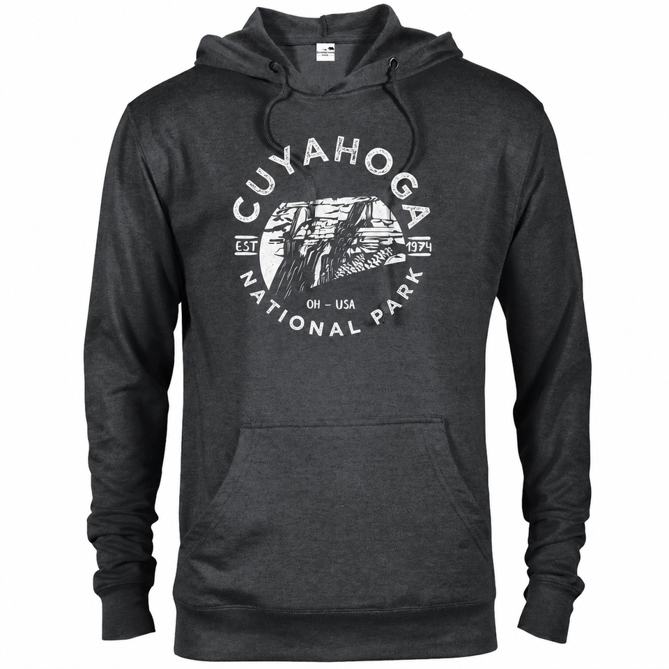 Cuyahoga Valley hoodie — Heather Graphite — concept mockup