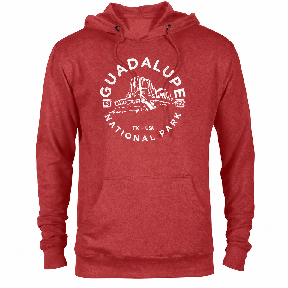 Guadalupe Mountains hoodie — Red Heather — concept mockup