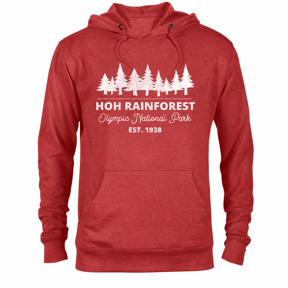Hoh Rainforest hoodie — Red Heather — concept mockup