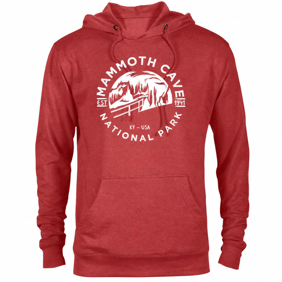 Mammoth Cave hoodie — Red Heather — concept mockup