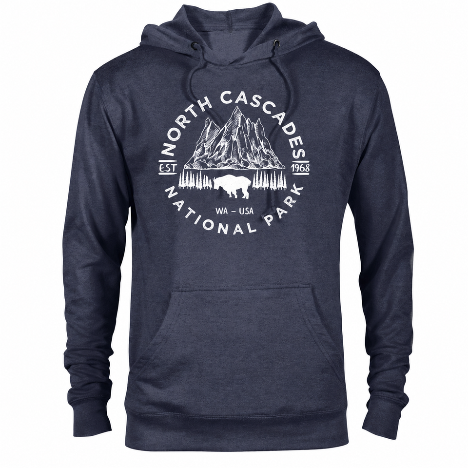 North Cascades hoodie — Denim Heather — concept mockup