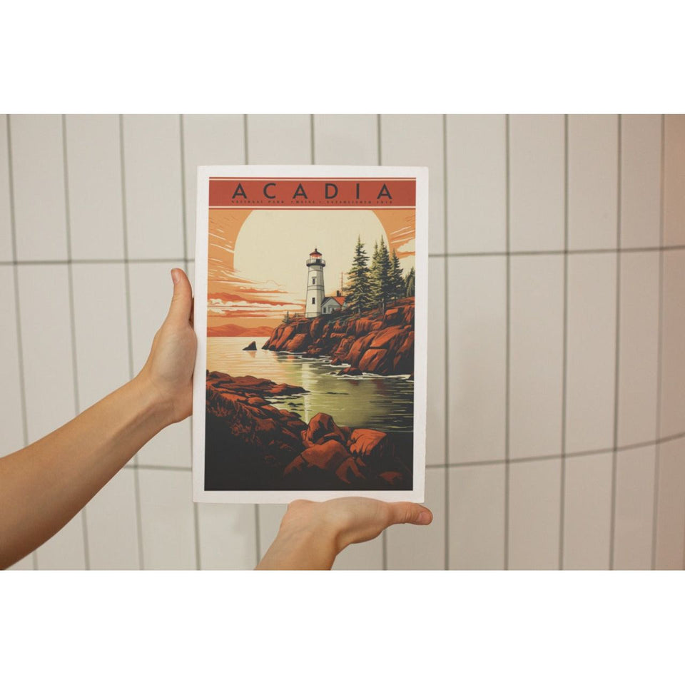 Acadia National Park Poster – Lighthouse & Golden Coastal Sunset