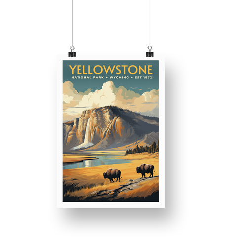 Yellowstone National Park Poster – Bison Pair & Golden Plateau