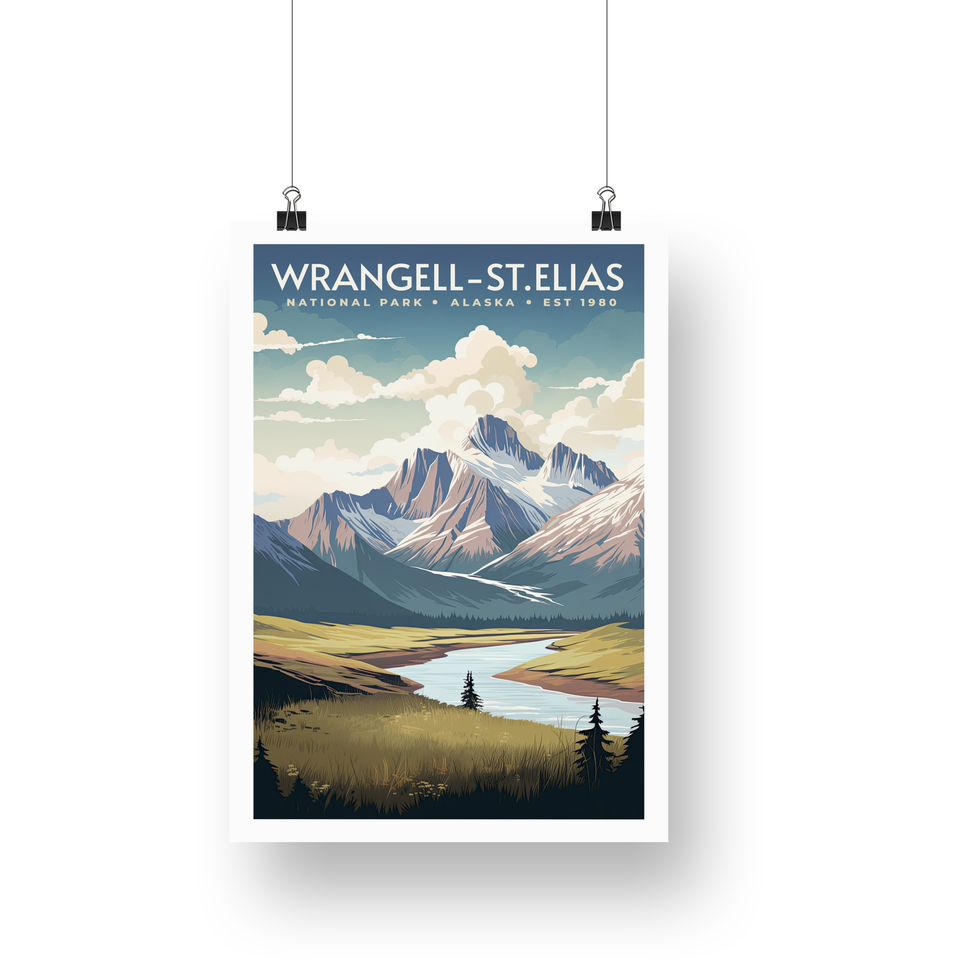Wrangell-St. Elias National Park Poster – Snowy Peaks & Winding Lake