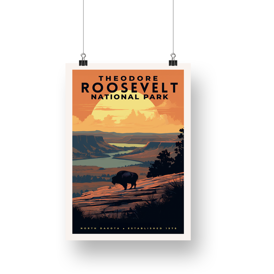 Theodore Roosevelt National Park Poster – Bison & Golden Sunset